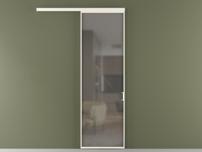 Алюминевая перегородка vd1_01_ Алюминий пудровый белый Серый сатин матовое. Цвет Алюминий пудровый белый. Материал Алюминий в эмали. Коллекция Перегородка Formato вдоль стены одностворчатая. Картинка.