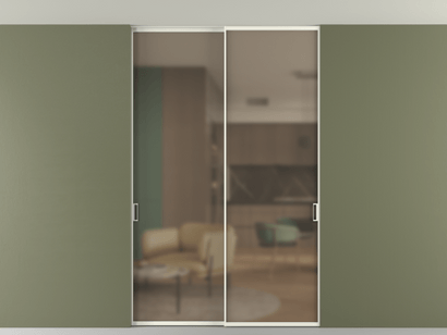 Алюминевая перегородка АЛПР 040.01_АЖМ_Бронза сатин триплекс_new. Цвет Алюминий жемчужный. Материал Алюминий в эмали. Коллекция Перегородка Formato внутри проёма двустворчатая со скрытым креплением в потолок. Картинка.