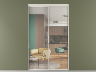 Алюминевая перегородка АЛПР 040.01_БЕЛ_Moru_new. Цвет Алюминий Белый. Материал Алюминий. Коллекция Перегородка Formato внутри проёма двустворчатая. Картинка.