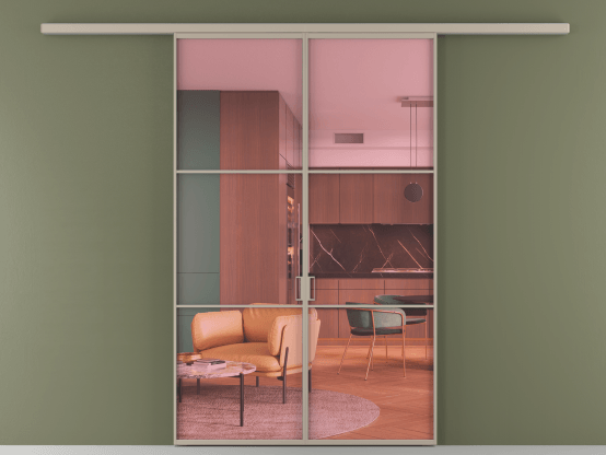 Алюминевая перегородка АЛПР 040.03_АБСК_ПРОЗ РОЗ_new. Цвет Алюминий бисквитный. Материал Алюминий в эмали. Коллекция Перегородка Формато вдоль стены 2 створки. Картинка.