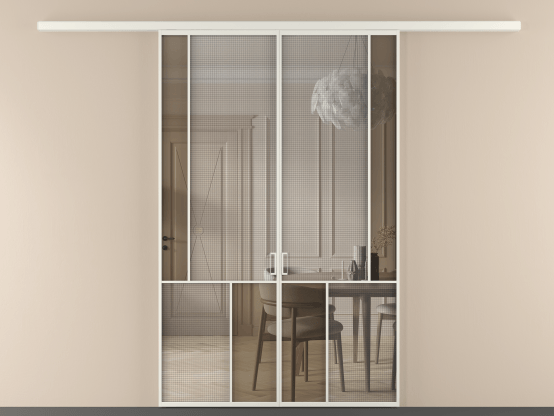 Алюминевая перегородка vd2_3 БЕЛ. Цвет Алюминий Белый. Материал Алюминий. Коллекция Перегородка Mosaic вдоль стены 2 створки. Картинка.