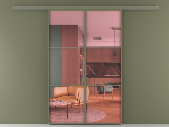 Алюминевая перегородка АЛПР 040.03_АОТ_ПРОЗ РОЗ_new. Цвет Алюминий оливковый тёмный. Материал Алюминий в эмали. Коллекция Перегородка Формато вдоль стены 2 створки. Картинка.