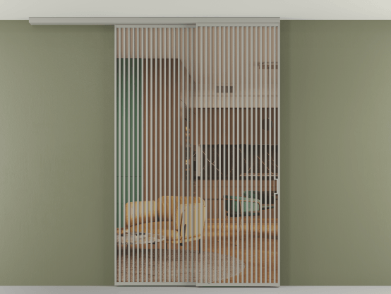 Алюминевая перегородка АЛПР 040.06_АНСР_ПРОЗ ОРАНЖ_new. Цвет Алюминий нейтральный серый. Материал Алюминий в эмали. Коллекция Перегородка Formato вдоль стены на потолок 2 створки с синхронным механизмом. Картинка.