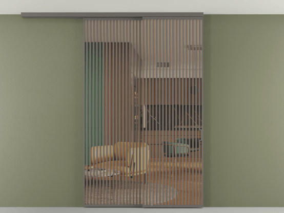 Алюминевая перегородка АЛПР 040.06_АКЛС_ПРОЗ ОРАНЖ_new. Цвет Алюминий классический серый. Материал Алюминий в эмали. Коллекция Перегородка Formato вдоль стены на потолок 2 створки с синхронным механизмом. Картинка.