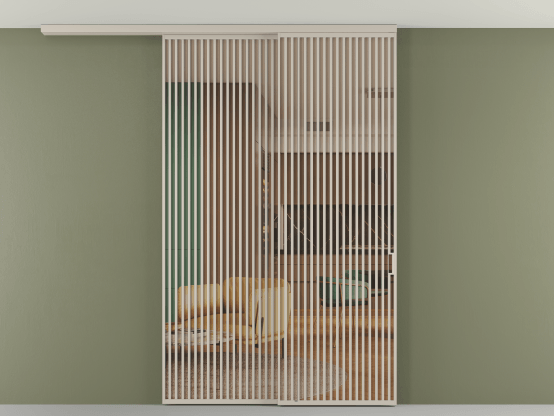 Алюминевая перегородка АЛПР 040.06_АСБЖ_ПРОЗ ОРАНЖ_new. Цвет Алюминий светло-бежевый. Материал Алюминий в эмали. Коллекция Перегородка Formato вдоль стены на потолок 2 створки с синхронным механизмом. Картинка.