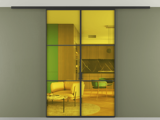 Алюминевая перегородка АЛПР 040.03_ЧРН_ПРОЗ ЖЕЛ_new. Цвет Алюминий Черный. Материал Алюминий. Коллекция Перегородка Формато вдоль стены на потолок 2 створки. Картинка.