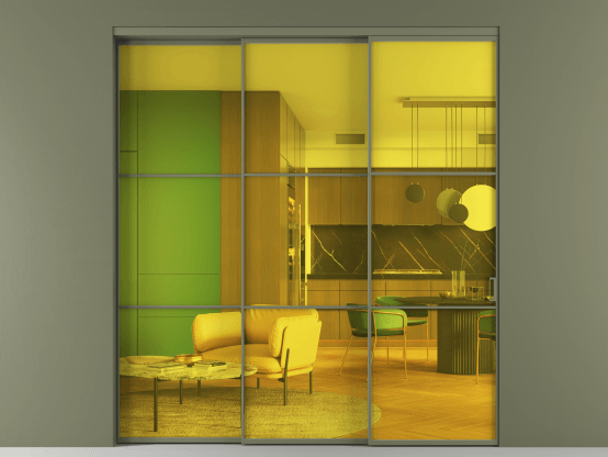 Алюминевая перегородка АЛПР 040.03_АОТ_ПРОЗ ЖЕЛ_new. Цвет Алюминий оливковый тёмный. Материал Алюминий в эмали. Коллекция Перегородка Formato внутри проёма 3 створки с синхронным механизмом. Картинка.