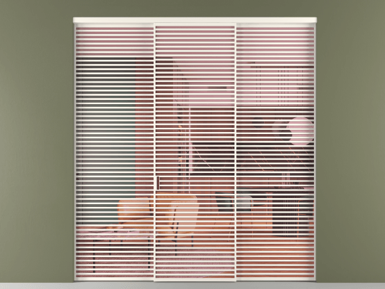 Алюминевая перегородка vn1+2_07_ Алюминий пудровый белый Прозрачное розовое стекло, триплекс, 6мм. Цвет Алюминий пудровый белый. Материал Алюминий в эмали. Коллекция Перегородка Formato внутри проёма 3 створки. Картинка.