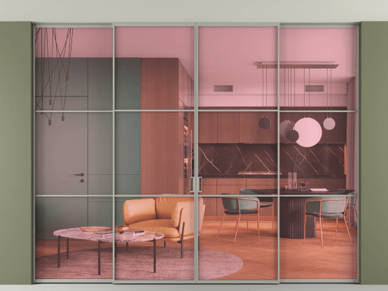 Алюминевая перегородка АЛПР 040.03_АНСР_ПРОЗ РОЗ_new. Цвет Алюминий нейтральный серый. Материал Алюминий в эмали. Коллекция Перегородка Formato внутри проёма скрытое крепление в потолок 4 створки. Картинка.