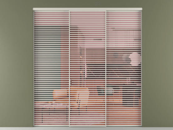 Алюминевая перегородка vn1+2_07_ Алюминий тёплый серый Прозрачное розовое стекло, триплекс, 6мм. Цвет Алюминий тёплый серый. Материал Алюминий в эмали. Коллекция Перегородка Formato внутри проёма 3 створки. Картинка.