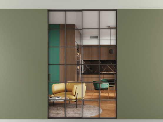 Алюминевая перегородка АЛПР 040.05_ААН_Crystalvision_new. Цвет Алюминий антрацит. Материал Алюминий в эмали. Коллекция Перегородка Формато внутри проёма скрытое крепление в потолок 2 створки. Картинка.