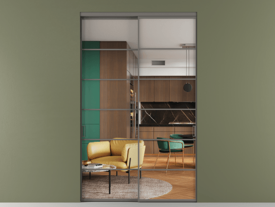 Алюминевая перегородка АЛПР 040.04_АКЛС_Crystalvision_new. Цвет Алюминий классический серый. Материал Алюминий в эмали. Коллекция Перегородка Формато внутри проёма 2 створки. Картинка.