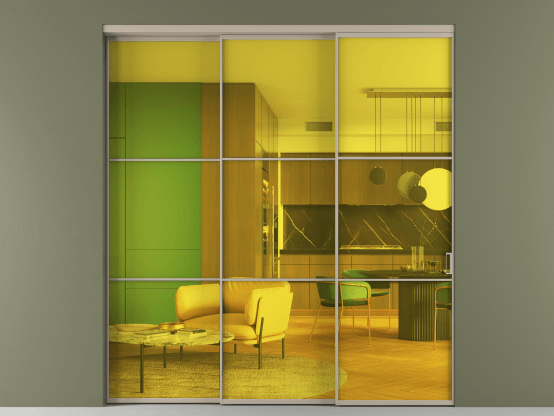 Алюминевая перегородка АЛПР 040.03_АБСК_ПРОЗ ЖЕЛ_new. Цвет Алюминий бисквитный. Материал Алюминий в эмали. Коллекция Перегородка Formato внутри проёма 3 створки с синхронным механизмом. Картинка.