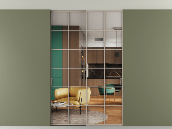 Алюминевая перегородка АЛПР 040.05_АБСК_Crystalvision_new. Цвет Алюминий бисквитный. Материал Алюминий в эмали. Коллекция Перегородка Формато внутри проёма скрытое крепление в потолок 2 створки. Картинка.