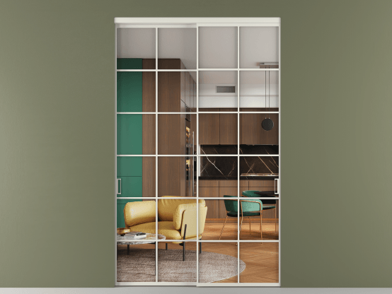 Алюминевая перегородка vn2_05 Crystalvision БЕЛ. Цвет Алюминий Белый. Материал Алюминий. Коллекция Перегородка Formato внутри проёма 2 створки. Картинка.