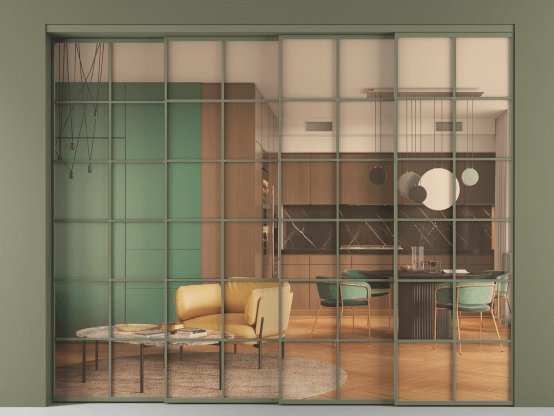 Алюминевая перегородка АЛПР 040.05_АОТ_ПРОЗ ОРАНЖ_new. Цвет Алюминий оливковый тёмный. Материал Алюминий в эмали. Коллекция Перегородка Formato внутри проёма 4 створки с синхронным механизмом. Фото. Алюминевая перегородка АЛПР 040.05_АОТ_ПРОЗ ОРАНЖ_new. Цвет Алюминий оливковый тёмный. Материал Алюминий в эмали. Коллекция Перегородка Formato внутри проёма 4 створки с синхронным механизмом. Картинка.