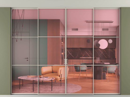 Алюминевая перегородка АЛПР 040.03_АСБЖ_ПРОЗ РОЗ_new. Цвет Алюминий светло-бежевый. Материал Алюминий в эмали. Коллекция Перегородка Formato внутри проёма скрытое крепление в потолок 4 створки. Картинка.