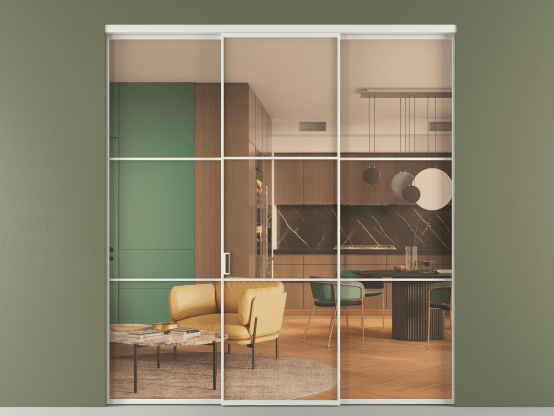 Алюминевая перегородка АЛПР 040.03_АСР_ПРОЗ ОРАНЖ_new. Цвет Алюминий серый. Материал Алюминий в эмали. Коллекция Перегородка Формато внутри проёма 3 створки. Картинка.