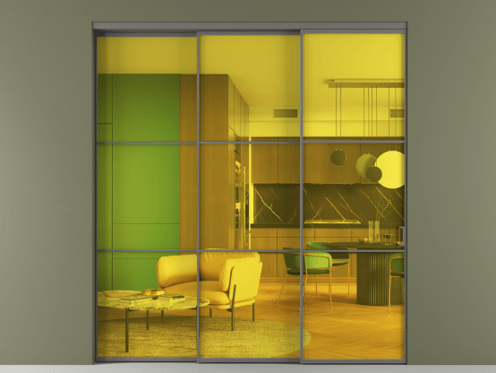 Алюминевая перегородка АЛПР 040.03_АКЛС_ПРОЗ ЖЕЛ_new. Цвет Алюминий классический серый. Материал Алюминий в эмали. Коллекция Перегородка Formato внутри проёма 3 створки с синхронным механизмом. Картинка.