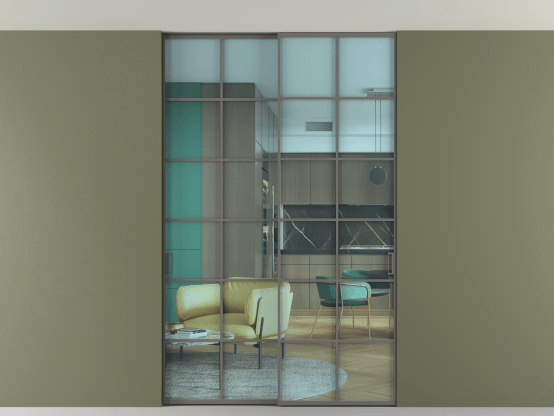 Алюминевая перегородка АЛПР 040.05_АКЛС_ПРОЗ ГОЛ_new. Цвет Алюминий классический серый. Материал Алюминий в эмали. Коллекция Перегородка Formato внутри проёма скрытое крепление в потолок 2 створки. Картинка.